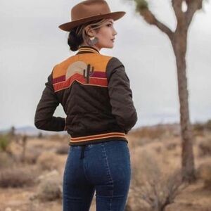 Classic Rock Couture Sonoran Sunrise 70s Bomber Jacket Western Brown Womens Sz M